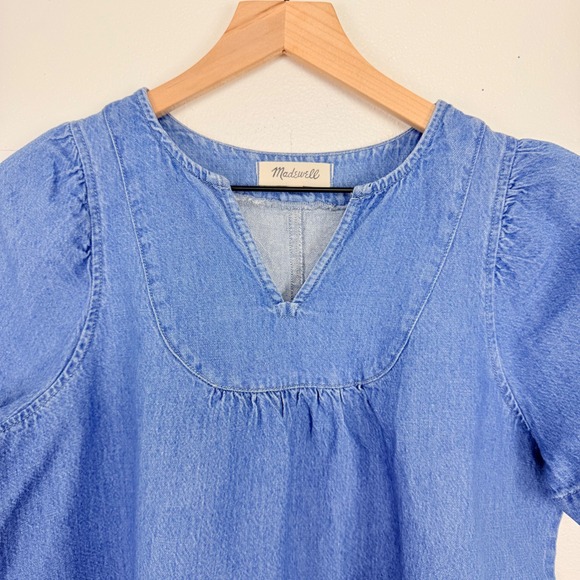 Madewell Denim Popover Swing Puff Sleeve Top Size M Blue Cotton Linen Blend - Picture 3 of 15